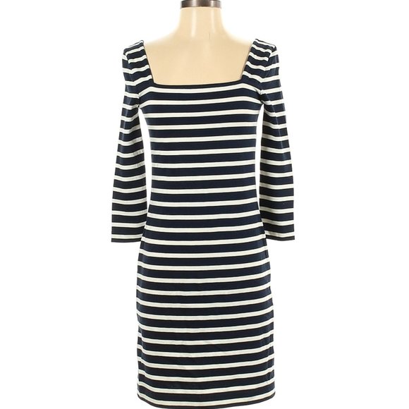 J. Crew Belted Striped Midi Dress 00 XS Blue Navy White Button 3/4 Sleeves New